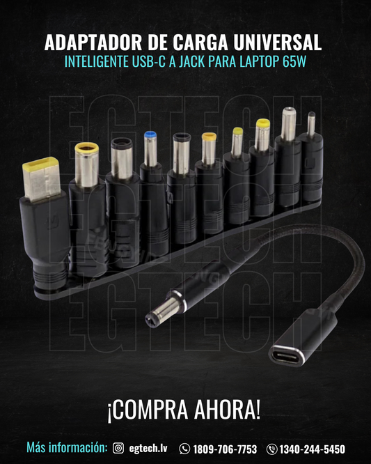 Cable de Carga Universal USB-C a Jack para Laptop 65W – Adaptador Inteligente para Portátiles