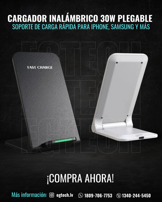 Cargador Inalámbrico 30W Plegable con Base – Soporte de Carga Rápida para iPhone, Samsung y Más