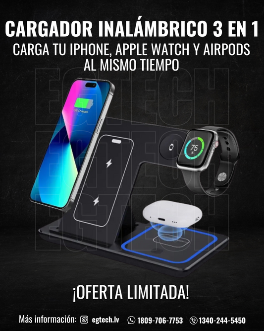 Cargador Inalámbrico 3 en 1 LEEOUDA – Rápido, Plegable y con LED