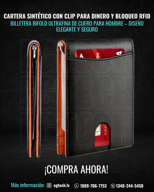 Cartera Slim de Cuero Sintético con Clip para Dinero y Bloqueo RFID