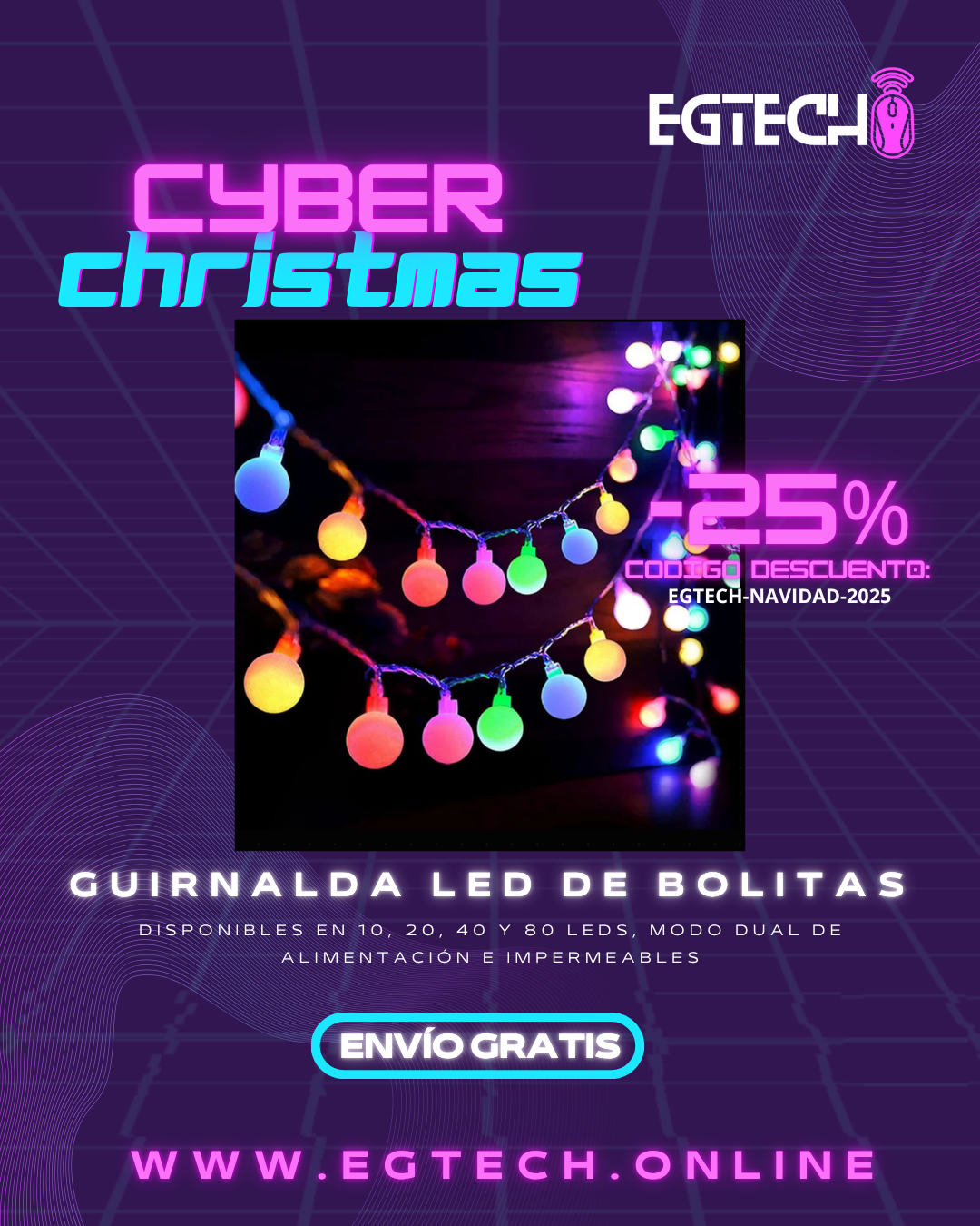🌟✨ Guirnalda LED de Bolitas 10/20/40/80 Luces – Batería/USB | Impermeable | Decoración Navidad, Jardín y Fiestas 🎄💡